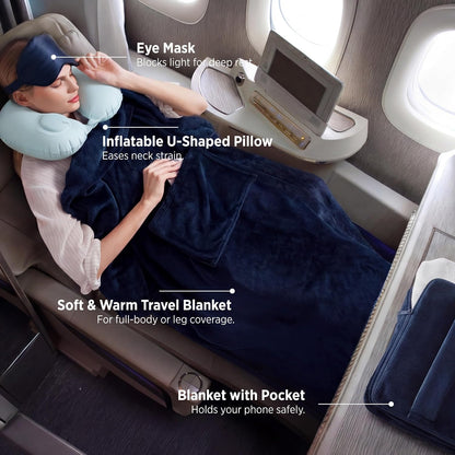 Travel Blanket Set with Inflatable Neck Pillow and Eye Mask, Grey