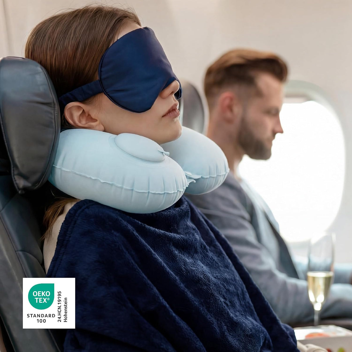 Travel Blanket Set with Inflatable Neck Pillow and Eye Mask, Grey