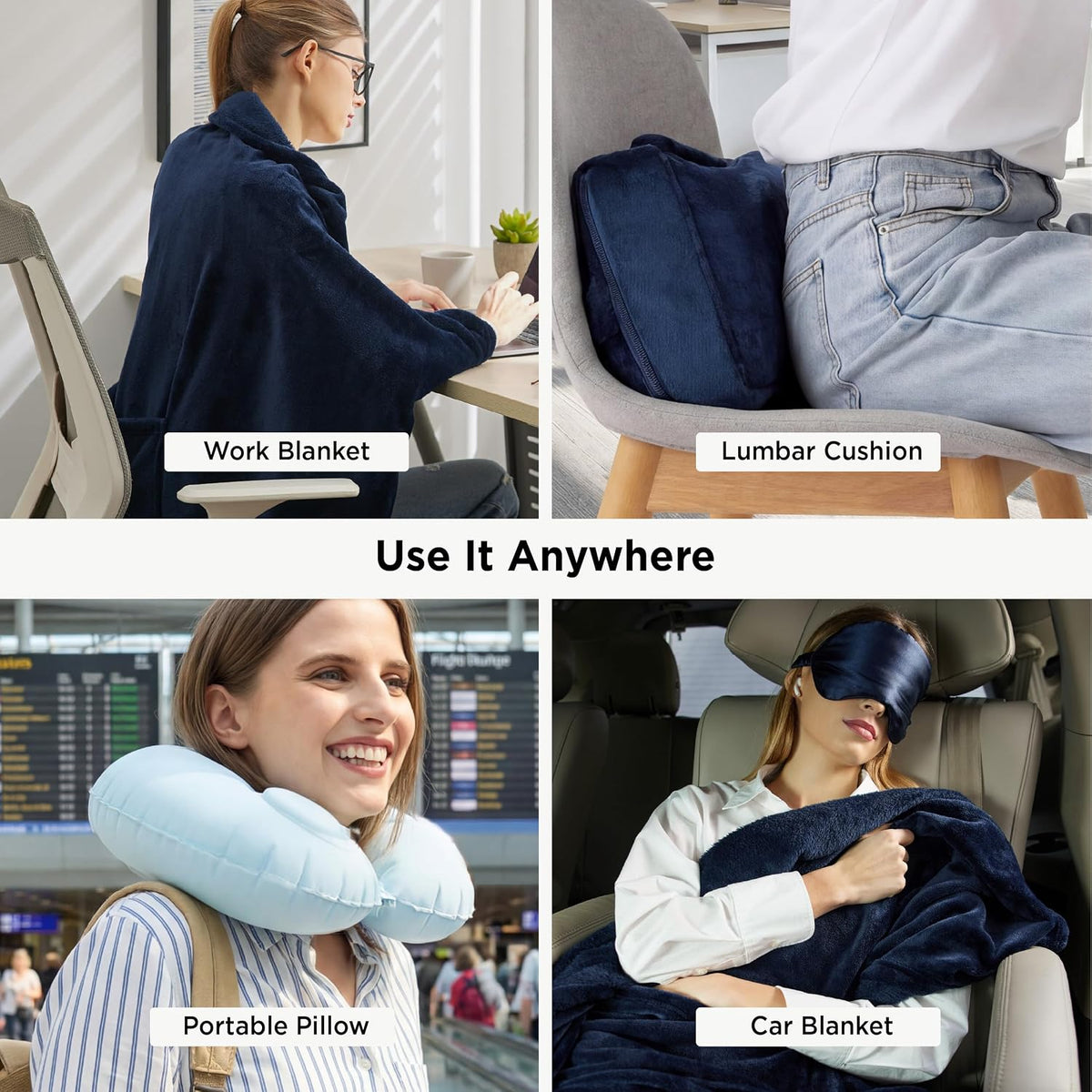 Travel Blanket Set with Inflatable Neck Pillow and Eye Mask, Grey