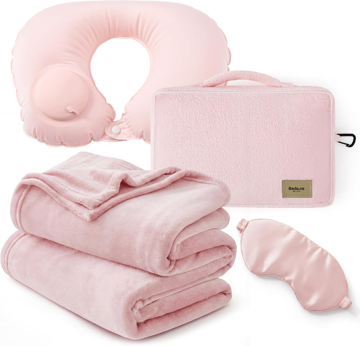 Travel Blanket Set with Inflatable Neck Pillow and Eye Mask, Grey