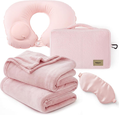 Travel Blanket Set with Inflatable Neck Pillow and Eye Mask, Grey