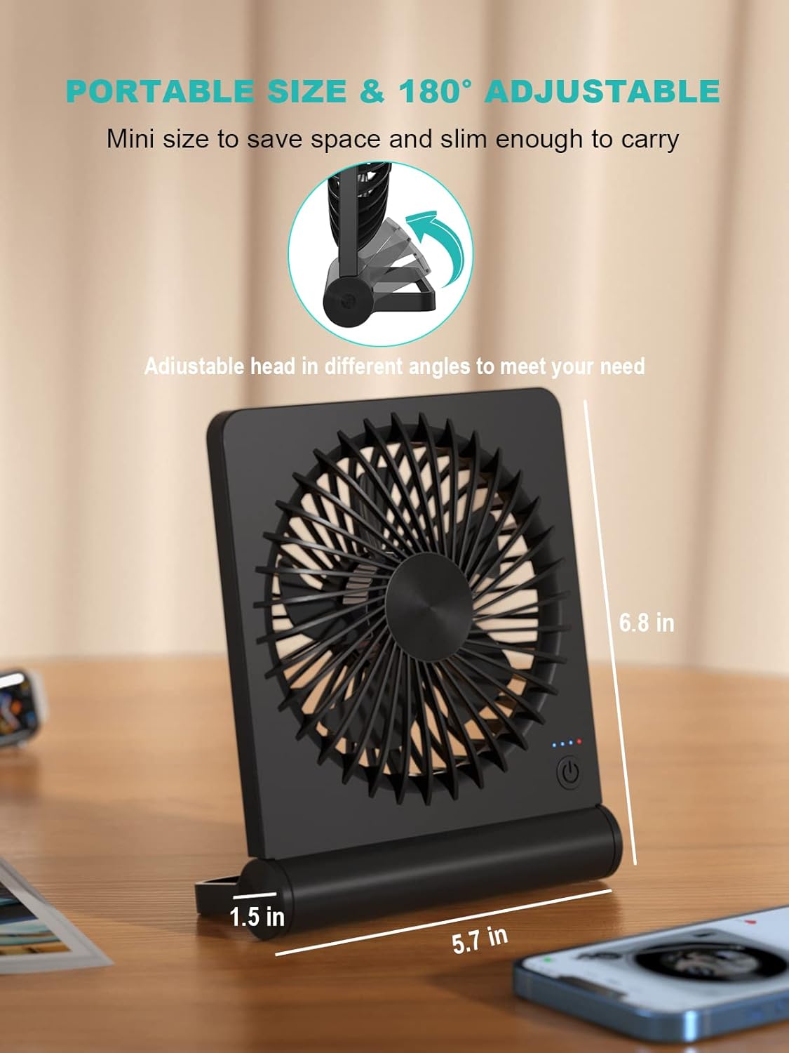 Desk Fan, Rechargeable Battery Operated, 3 Speeds Ultra Quiet Strong Wind