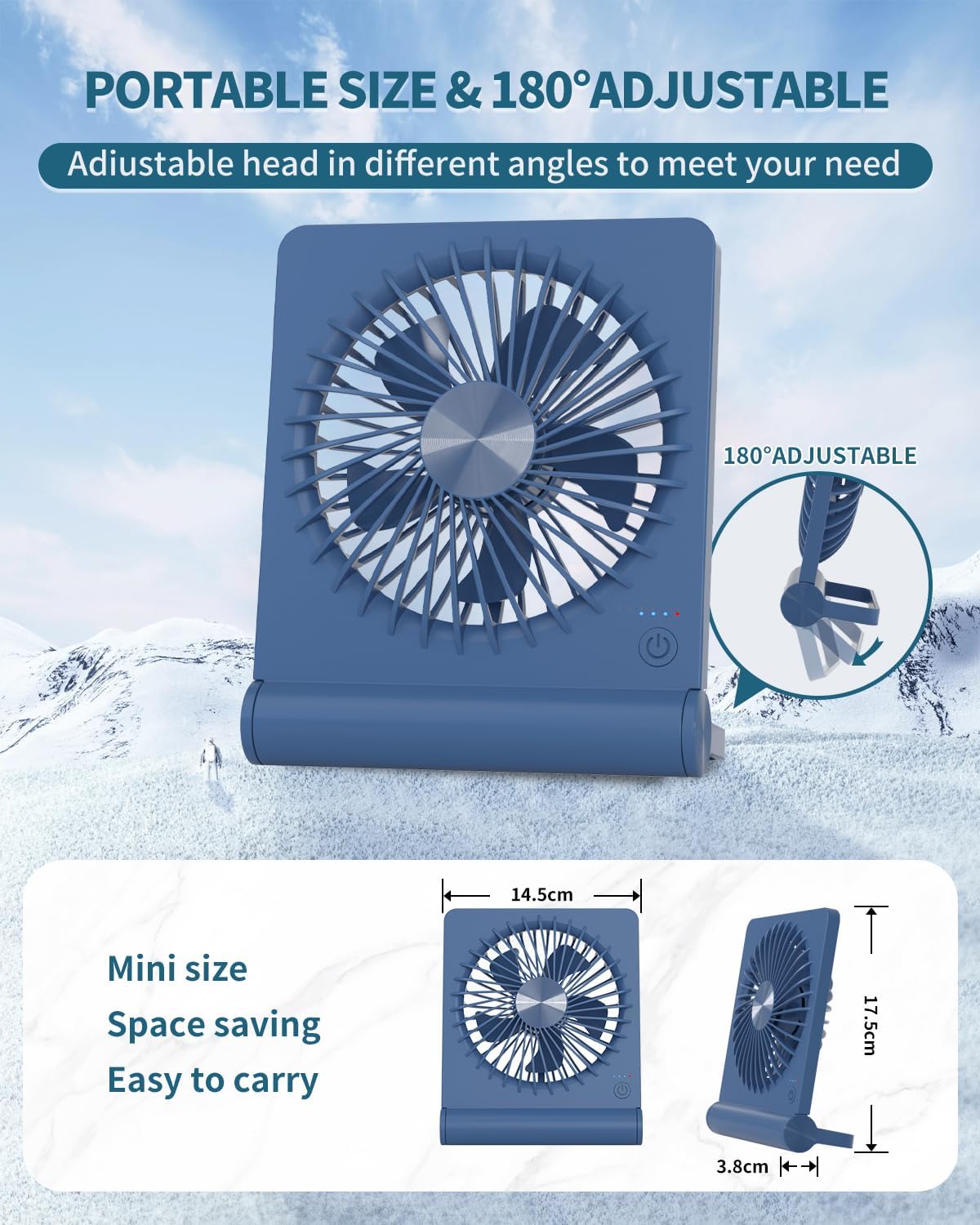 Desk Fan, Rechargeable Battery Operated, 3 Speeds Ultra Quiet Strong Wind