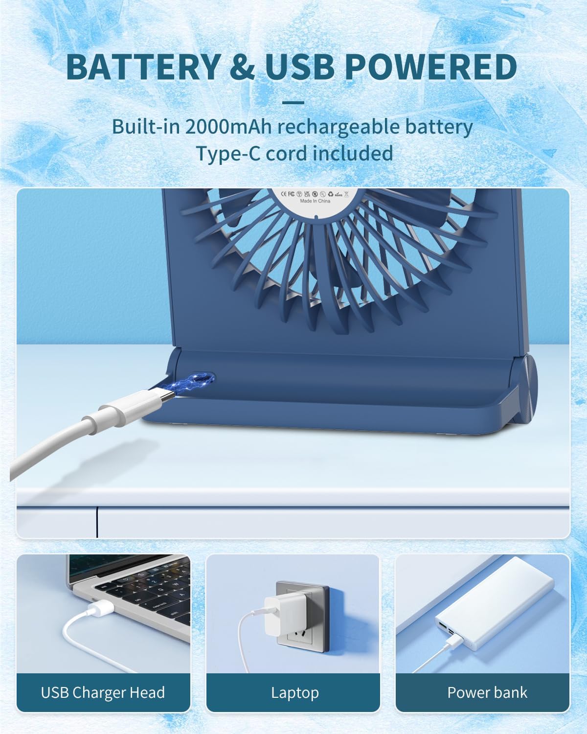 Desk Fan, Rechargeable Battery Operated, 3 Speeds Ultra Quiet Strong Wind