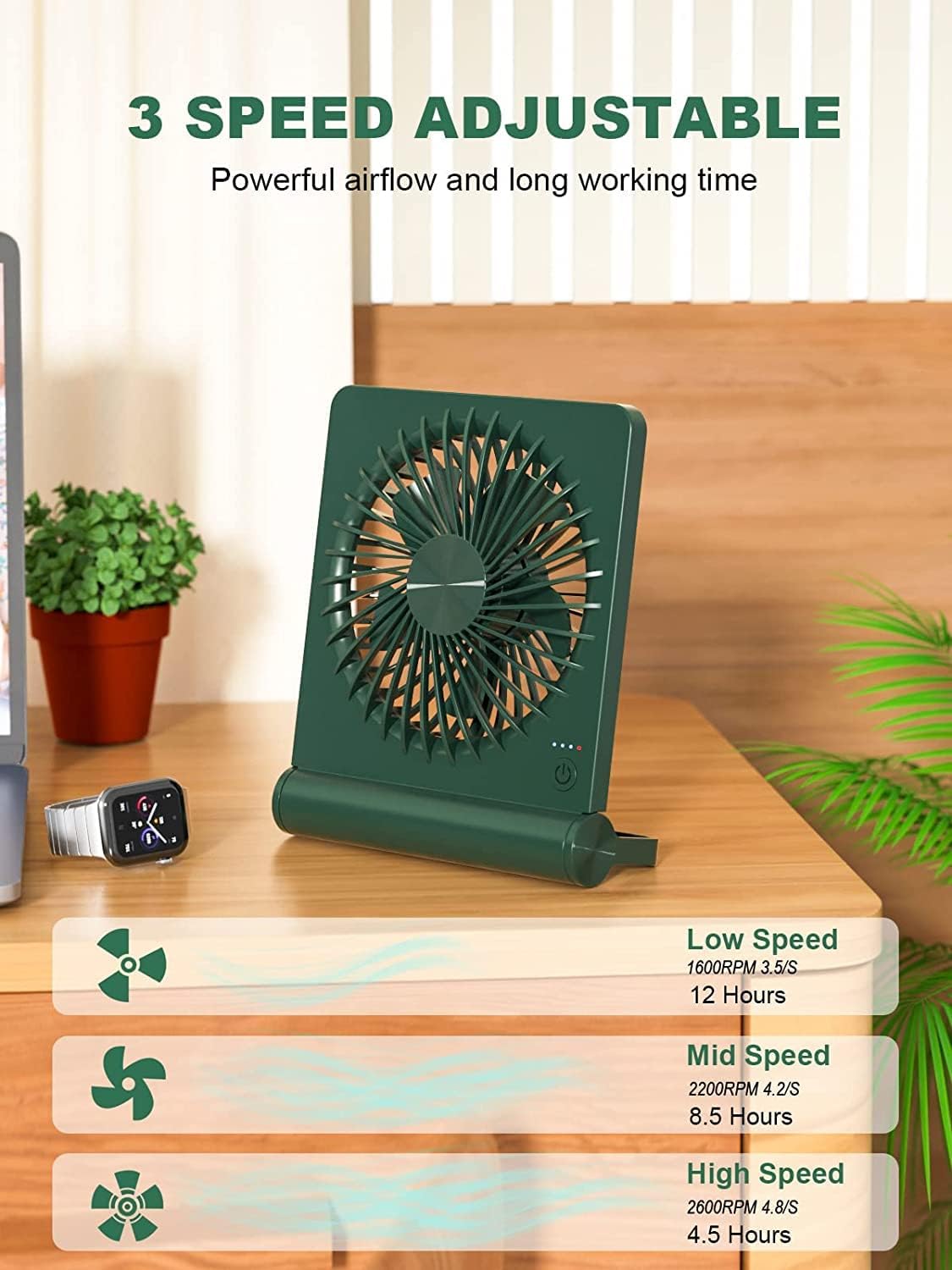 Desk Fan, Rechargeable Battery Operated, 3 Speeds Ultra Quiet Strong Wind