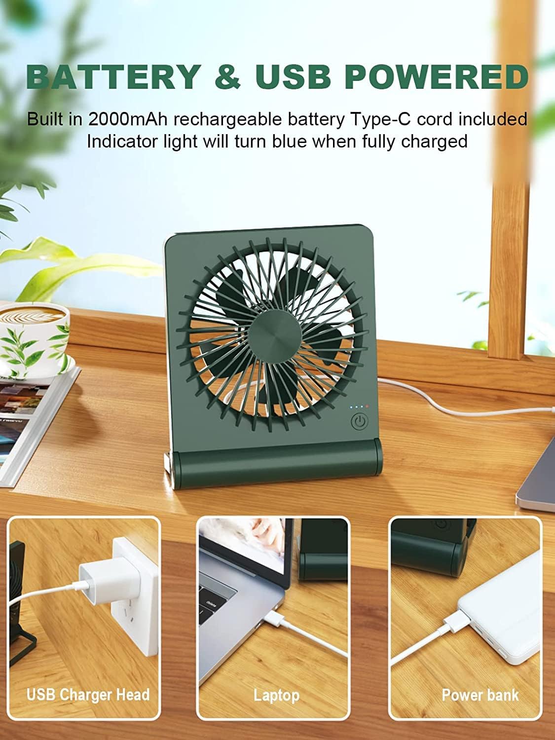 Desk Fan, Rechargeable Battery Operated, 3 Speeds Ultra Quiet Strong Wind