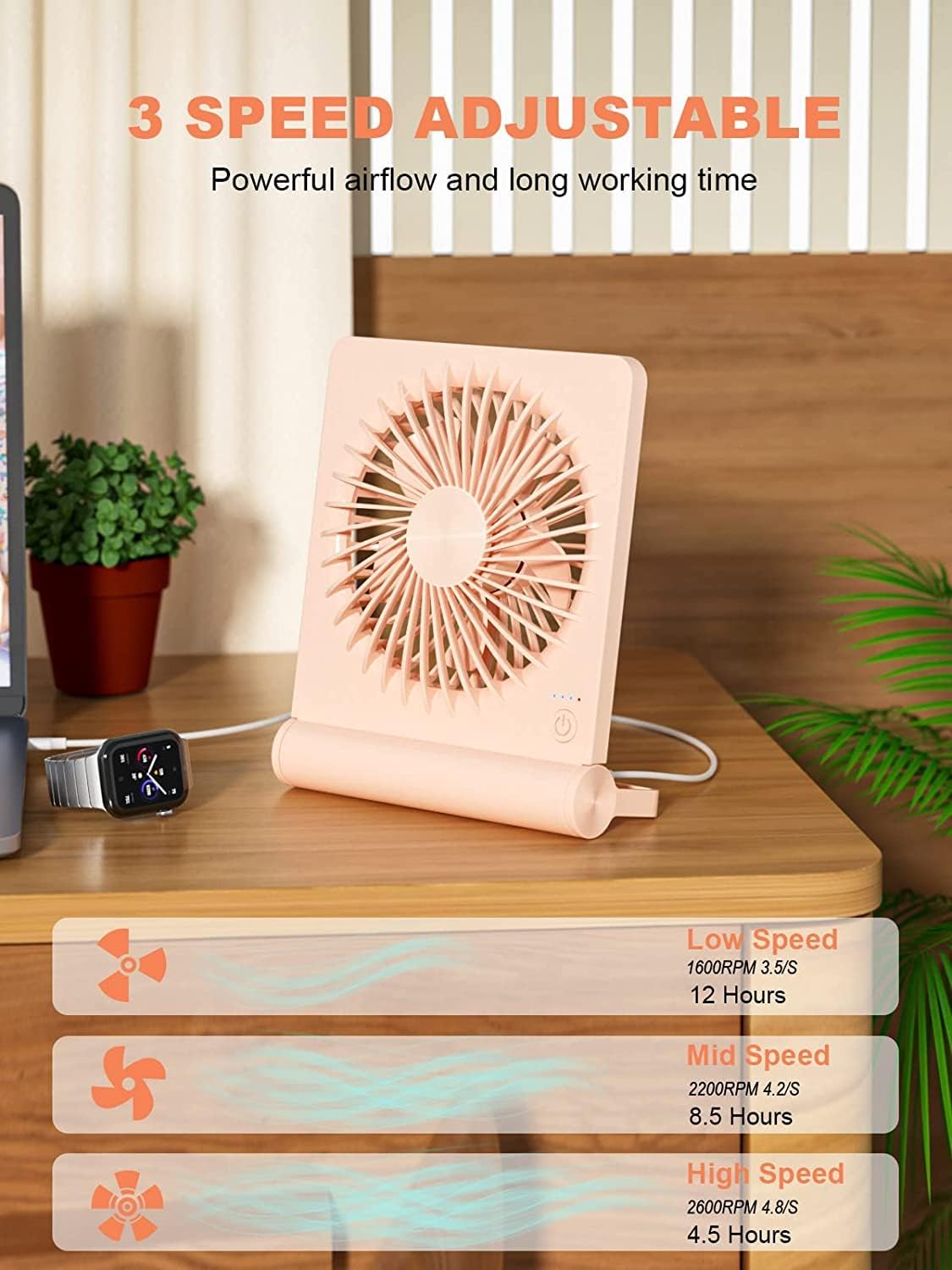 Desk Fan, Rechargeable Battery Operated, 3 Speeds Ultra Quiet Strong Wind