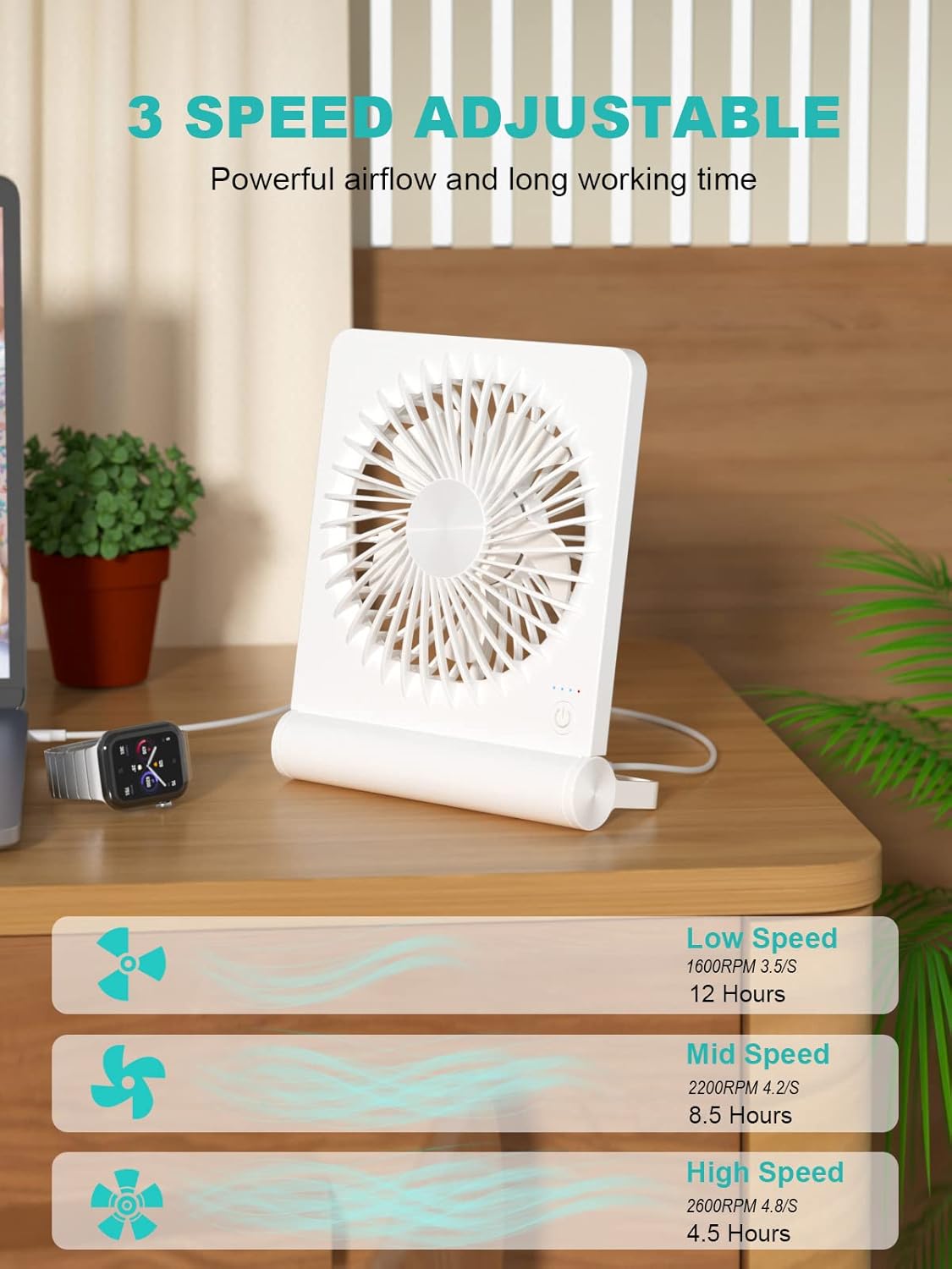 Desk Fan, Rechargeable Battery Operated, 3 Speeds Ultra Quiet Strong Wind