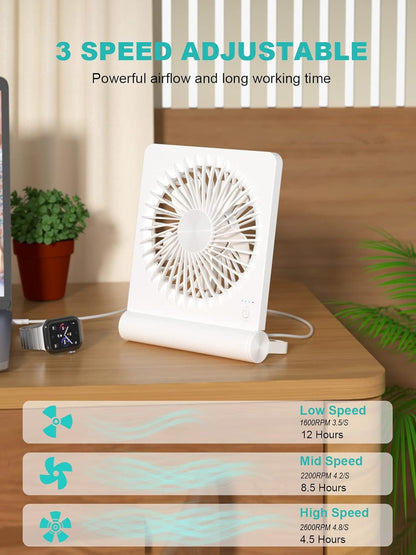 Desk Fan, Rechargeable Battery Operated, 3 Speeds Ultra Quiet Strong Wind