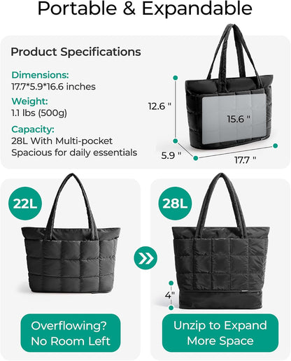 Expandable Tote Bag for Women, Puffer Work Tote Travel Bag