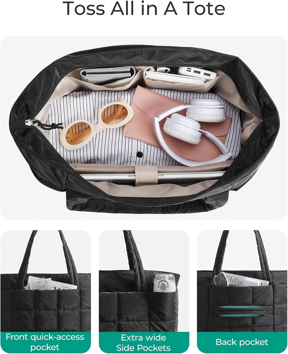 Expandable Tote Bag for Women, Puffer Work Tote Travel Bag