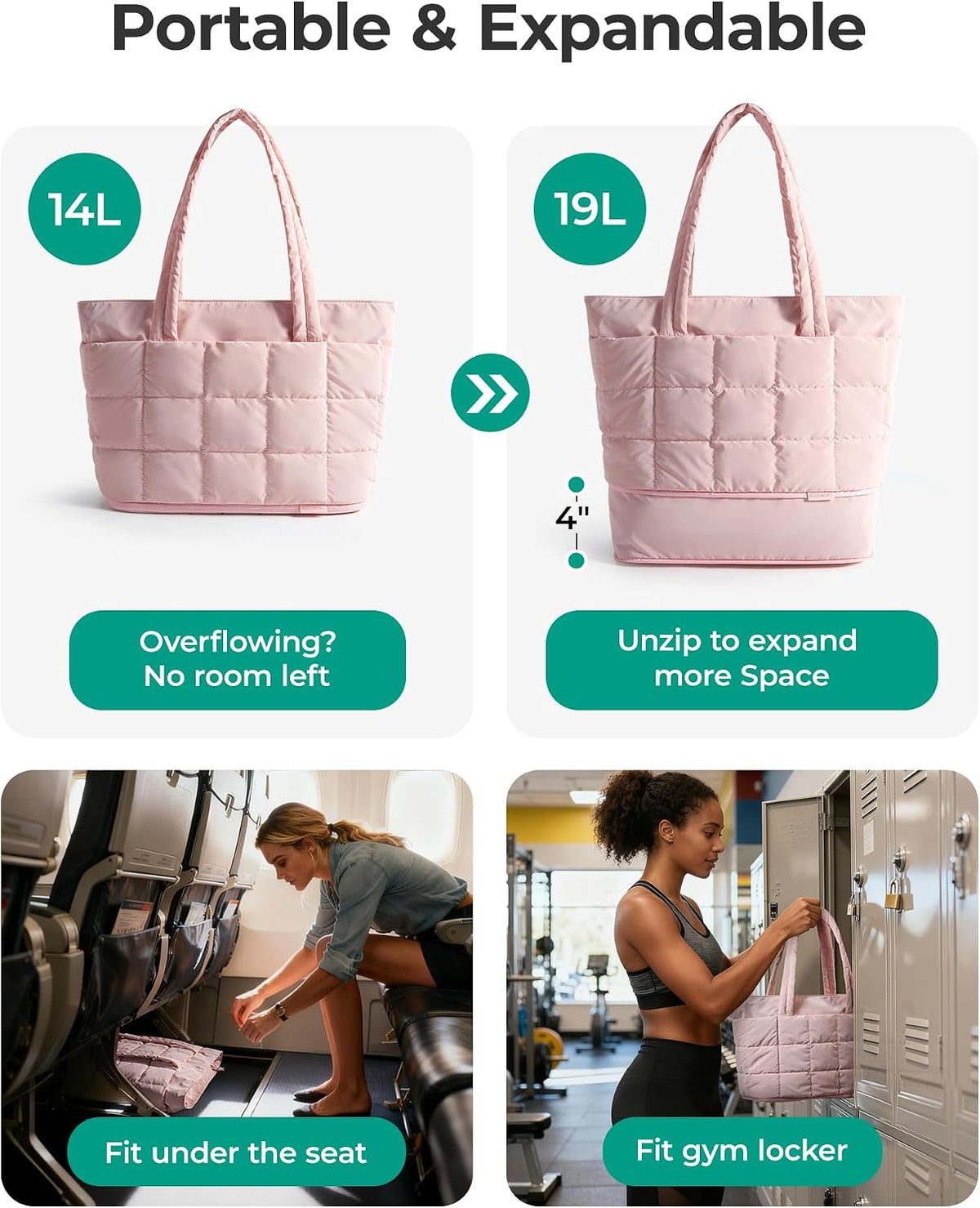 Expandable Tote Bag for Women, Puffer Work Tote Travel Bag
