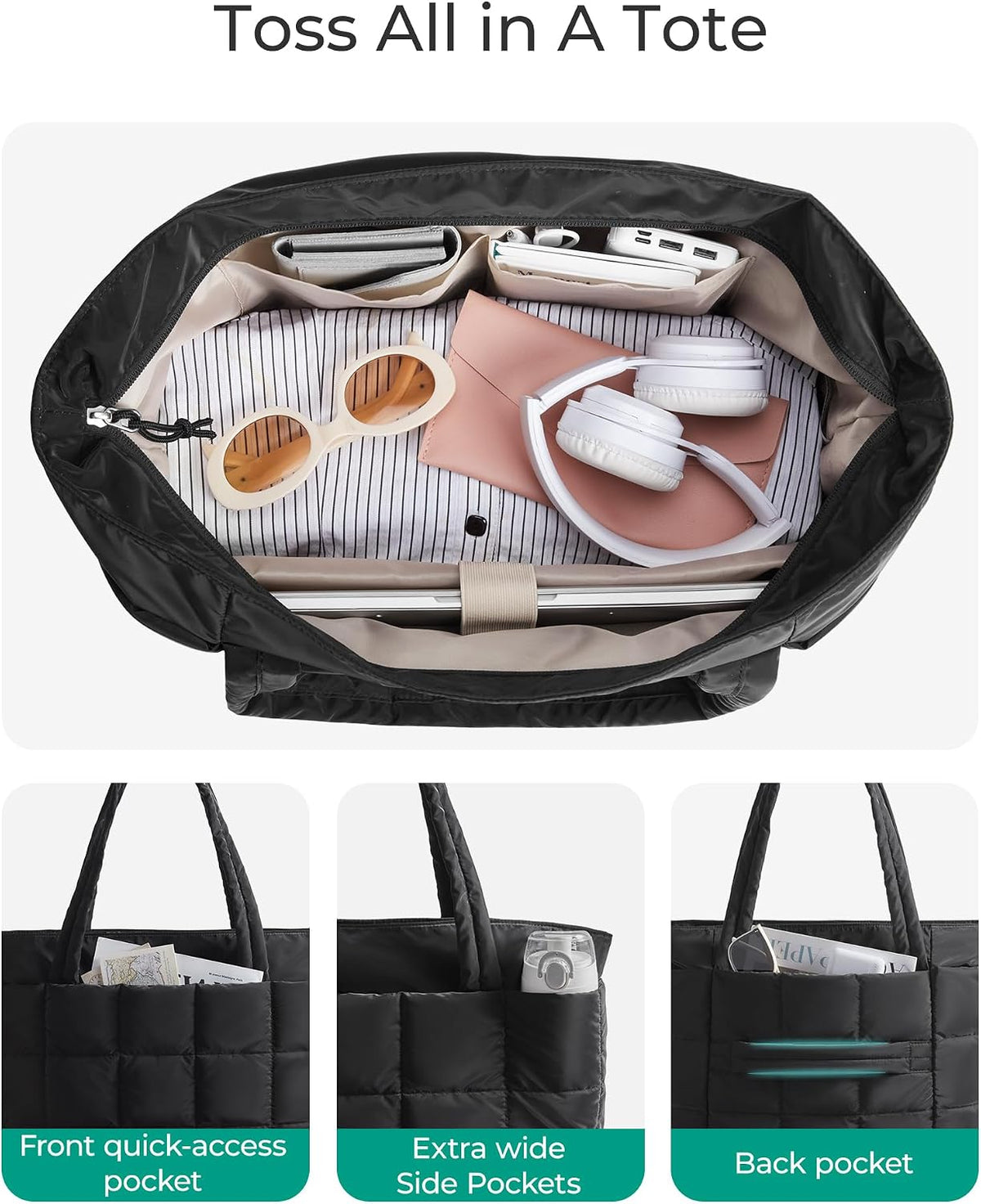 Expandable Tote Bag for Women, Puffer Work Tote Travel Bag