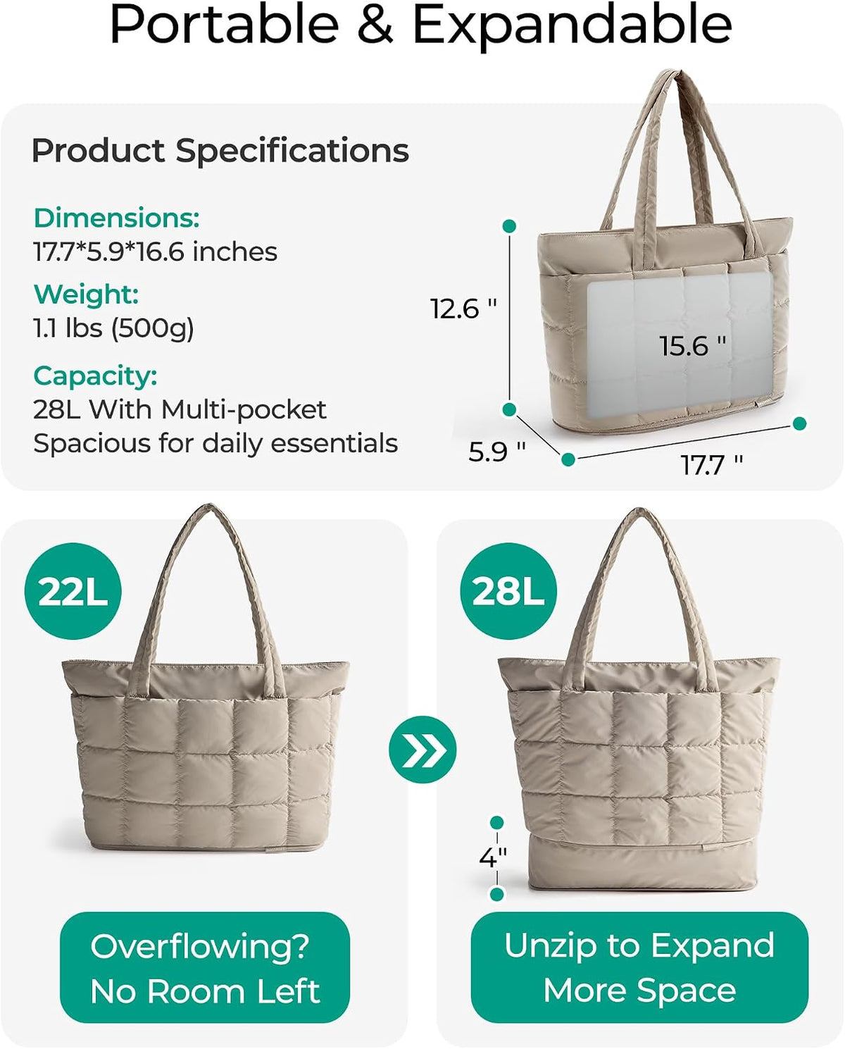 Expandable Tote Bag for Women, Puffer Work Tote Travel Bag