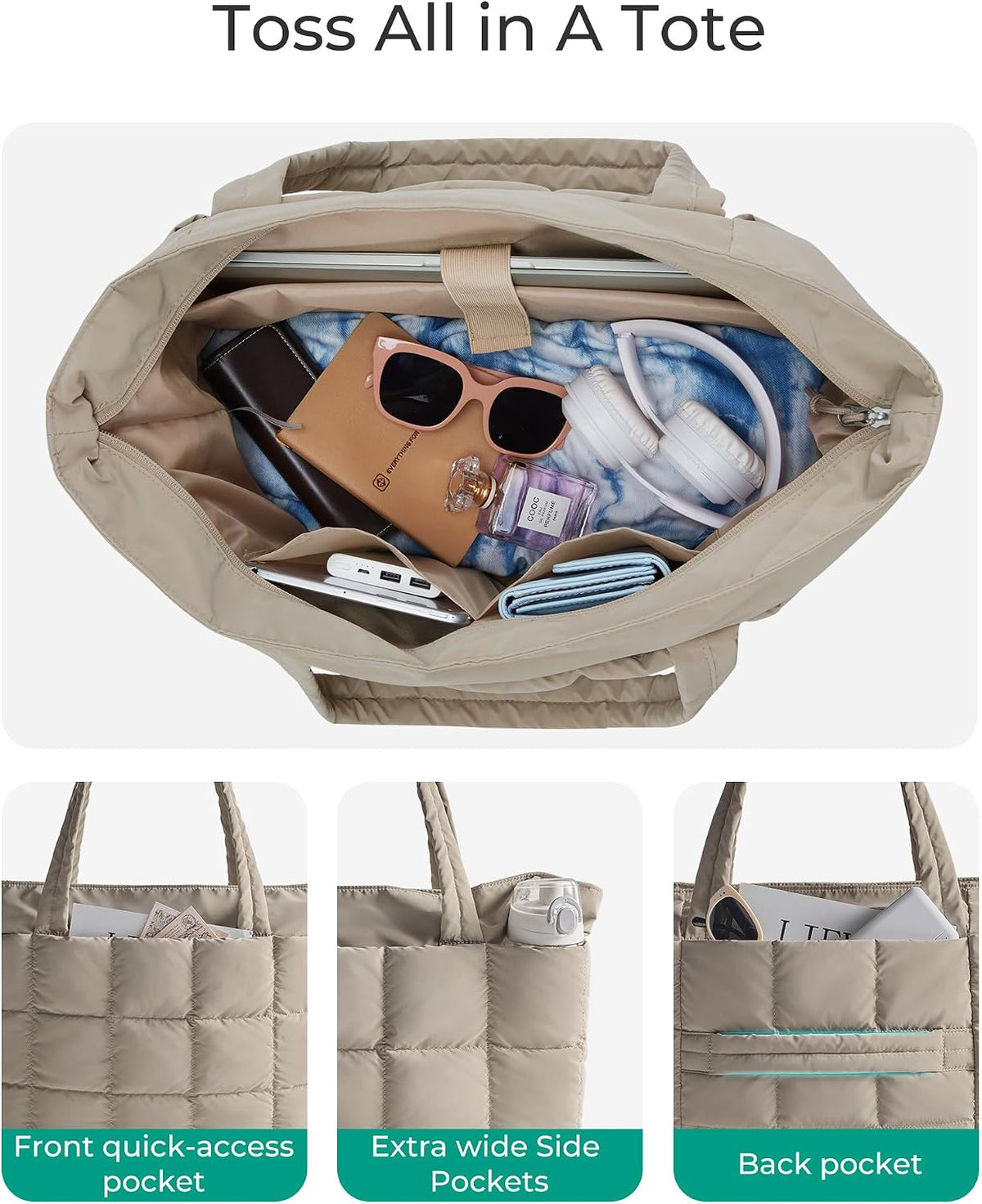 Expandable Tote Bag for Women, Puffer Work Tote Travel Bag