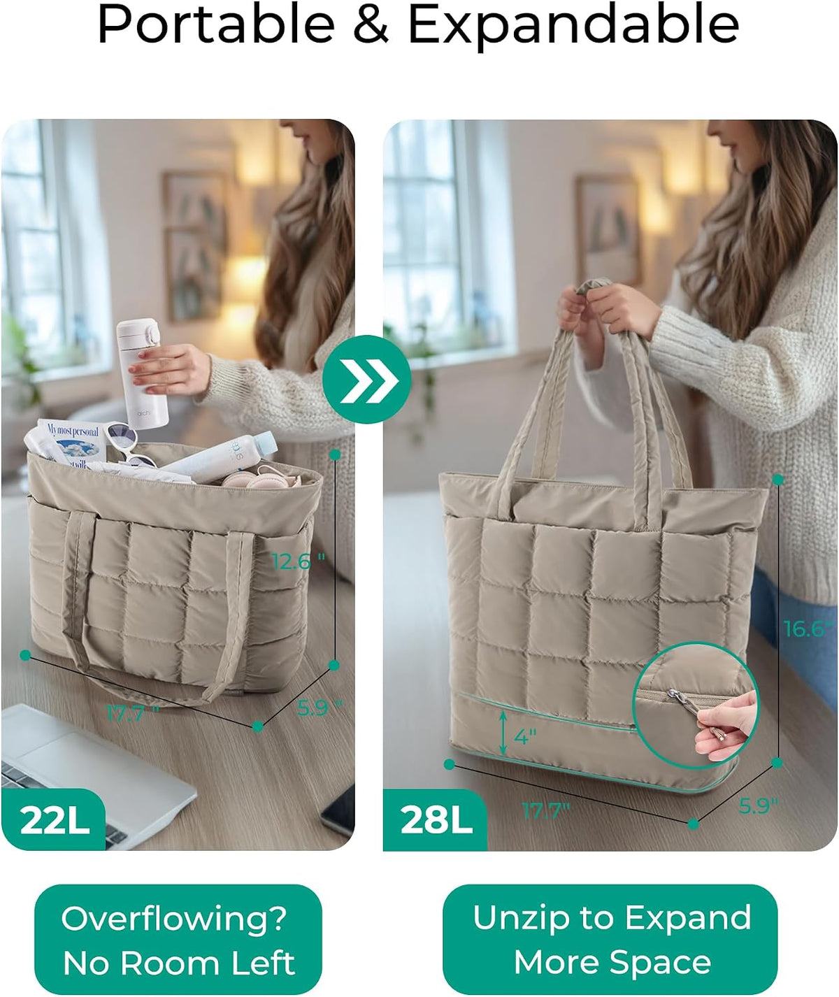 Expandable Tote Bag for Women, Puffer Work Tote Travel Bag