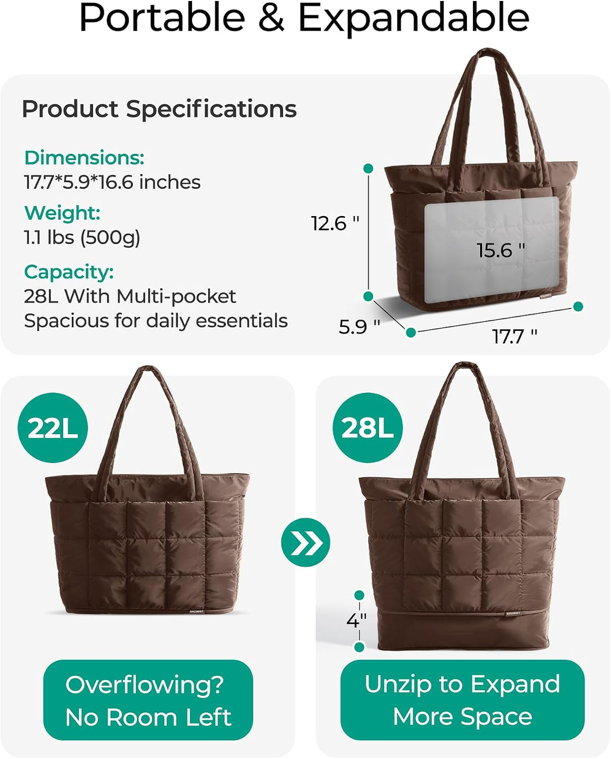 Expandable Tote Bag for Women, Puffer Work Tote Travel Bag
