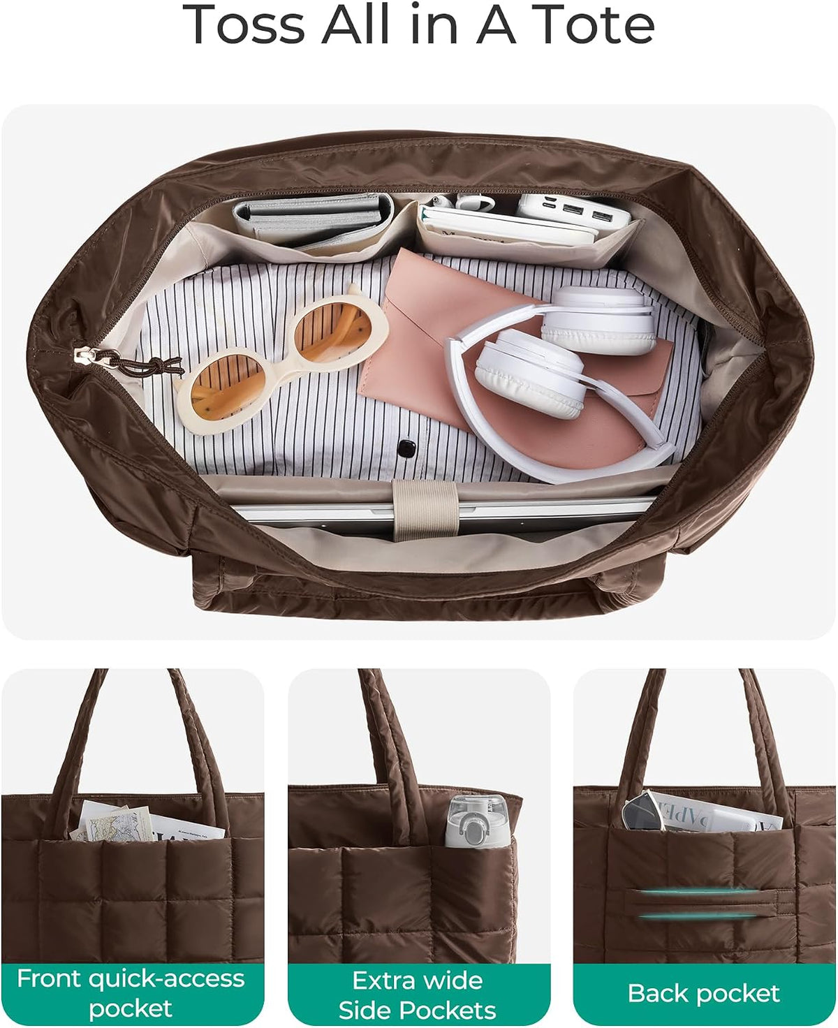 Expandable Tote Bag for Women, Puffer Work Tote Travel Bag