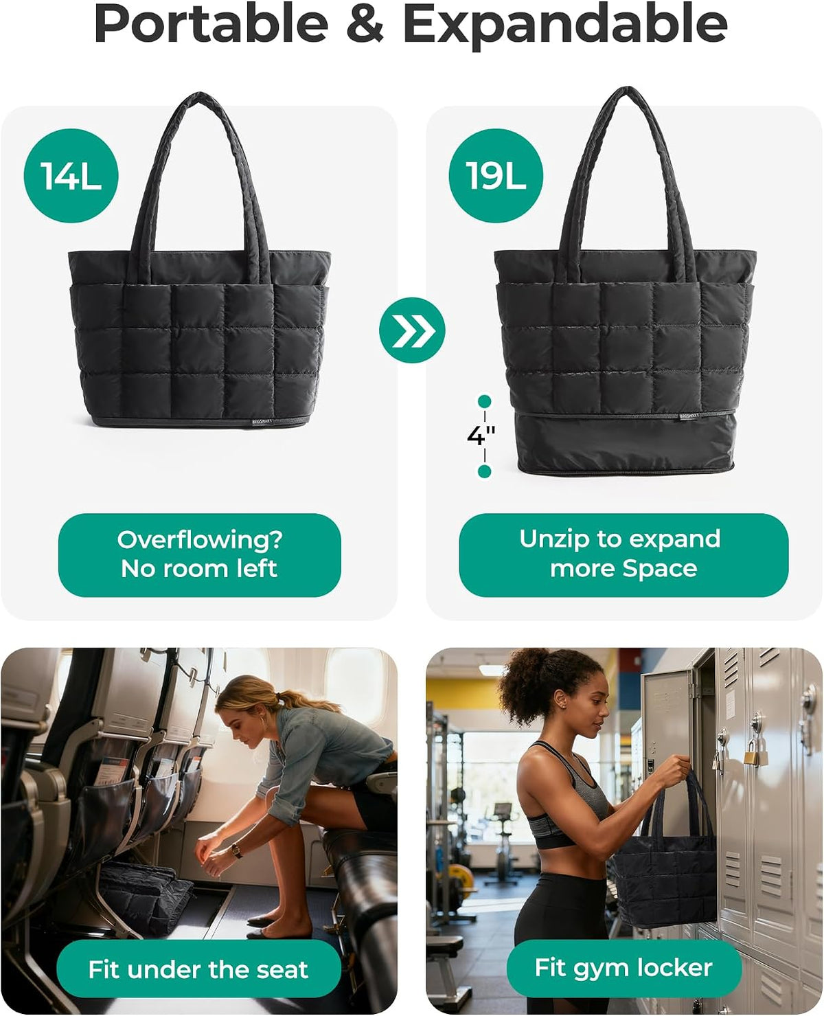 Expandable Tote Bag for Women, Puffer Work Tote Travel Bag