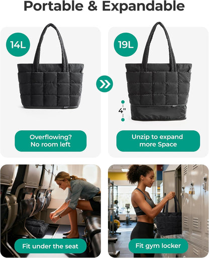 Expandable Tote Bag for Women, Puffer Work Tote Travel Bag