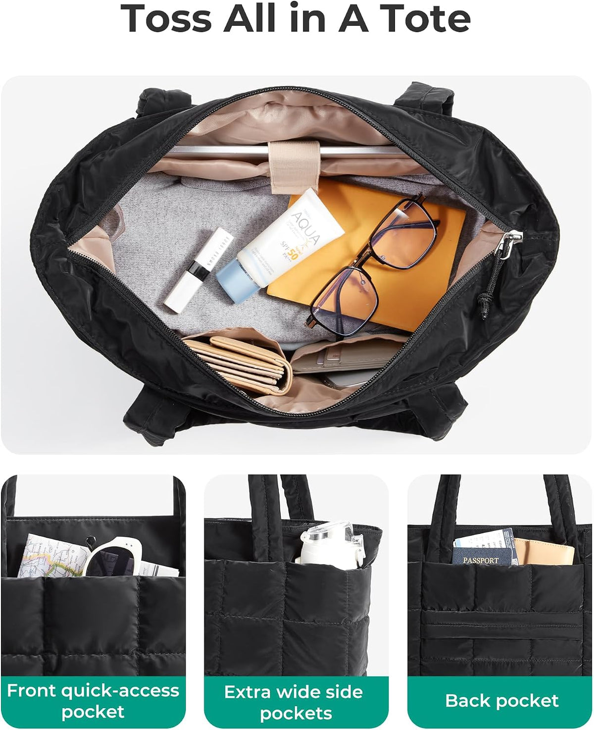Expandable Tote Bag for Women, Puffer Work Tote Travel Bag