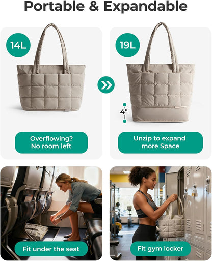 Expandable Tote Bag for Women, Puffer Work Tote Travel Bag