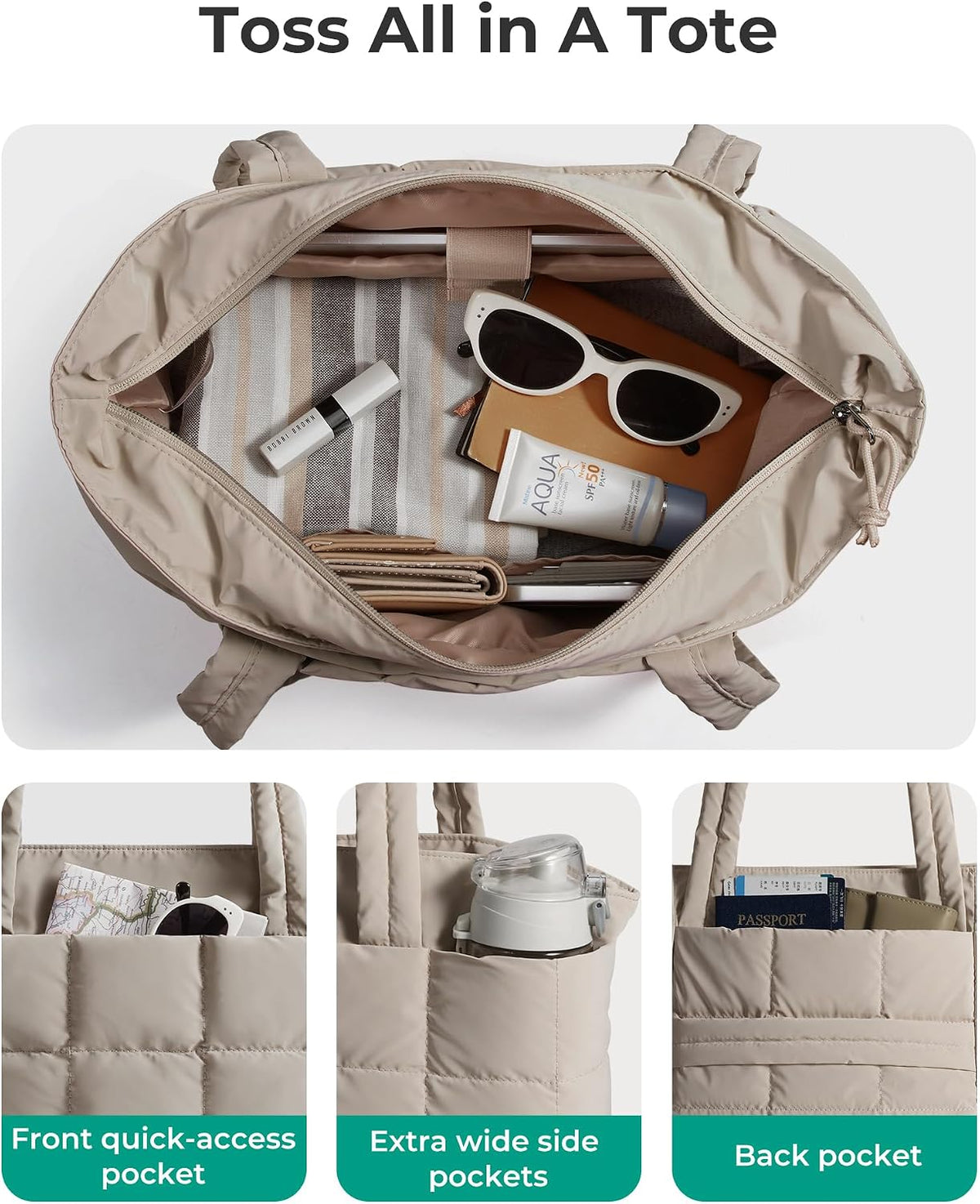 Expandable Tote Bag for Women, Puffer Work Tote Travel Bag