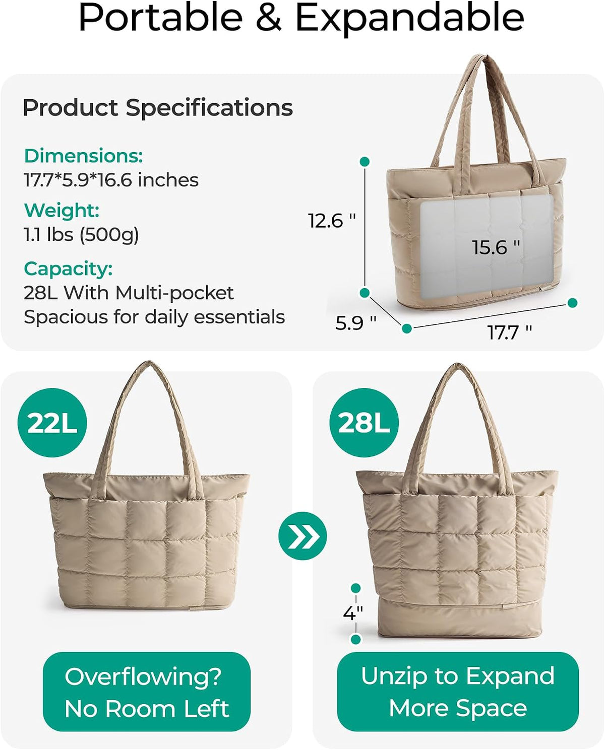 Expandable Tote Bag for Women, Puffer Work Tote Travel Bag