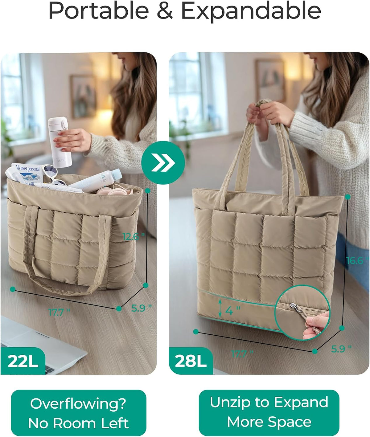 Expandable Tote Bag for Women, Puffer Work Tote Travel Bag