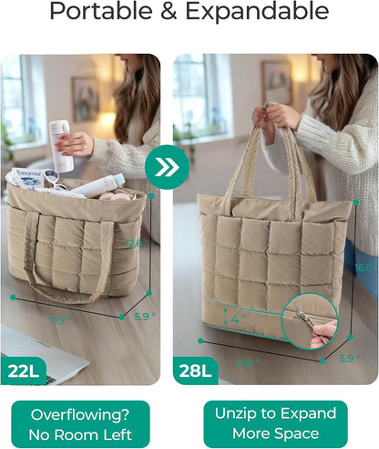 Expandable Tote Bag for Women, Puffer Work Tote Travel Bag