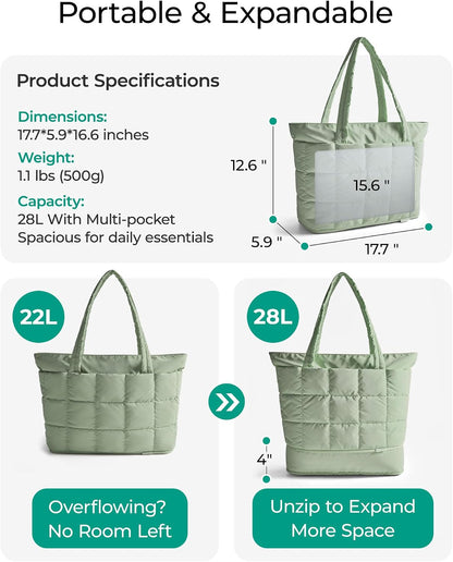 Expandable Tote Bag for Women, Puffer Work Tote Travel Bag