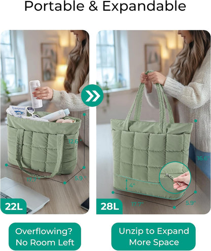 Expandable Tote Bag for Women, Puffer Work Tote Travel Bag