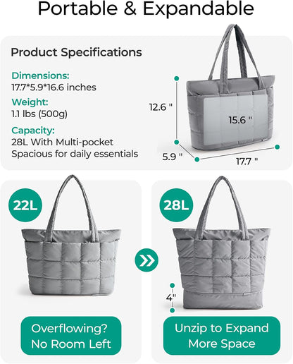 Expandable Tote Bag for Women, Puffer Work Tote Travel Bag