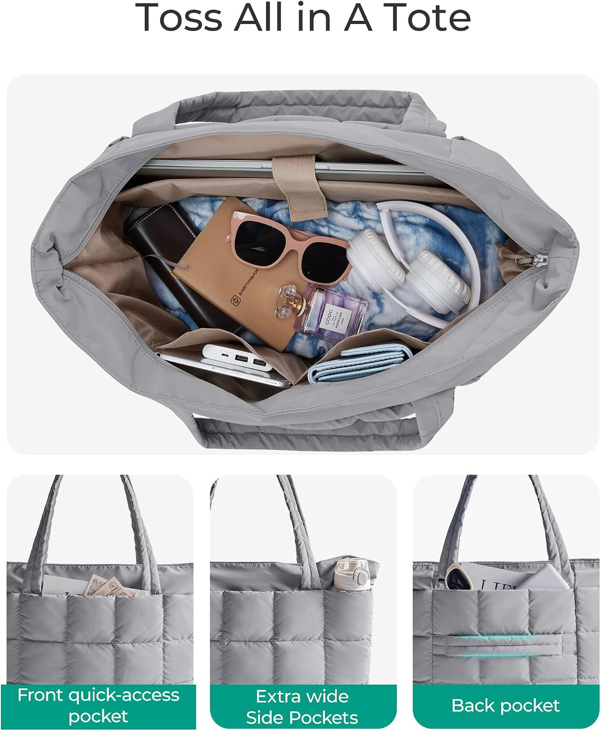 Expandable Tote Bag for Women, Puffer Work Tote Travel Bag
