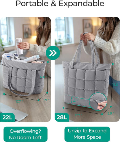 Expandable Tote Bag for Women, Puffer Work Tote Travel Bag