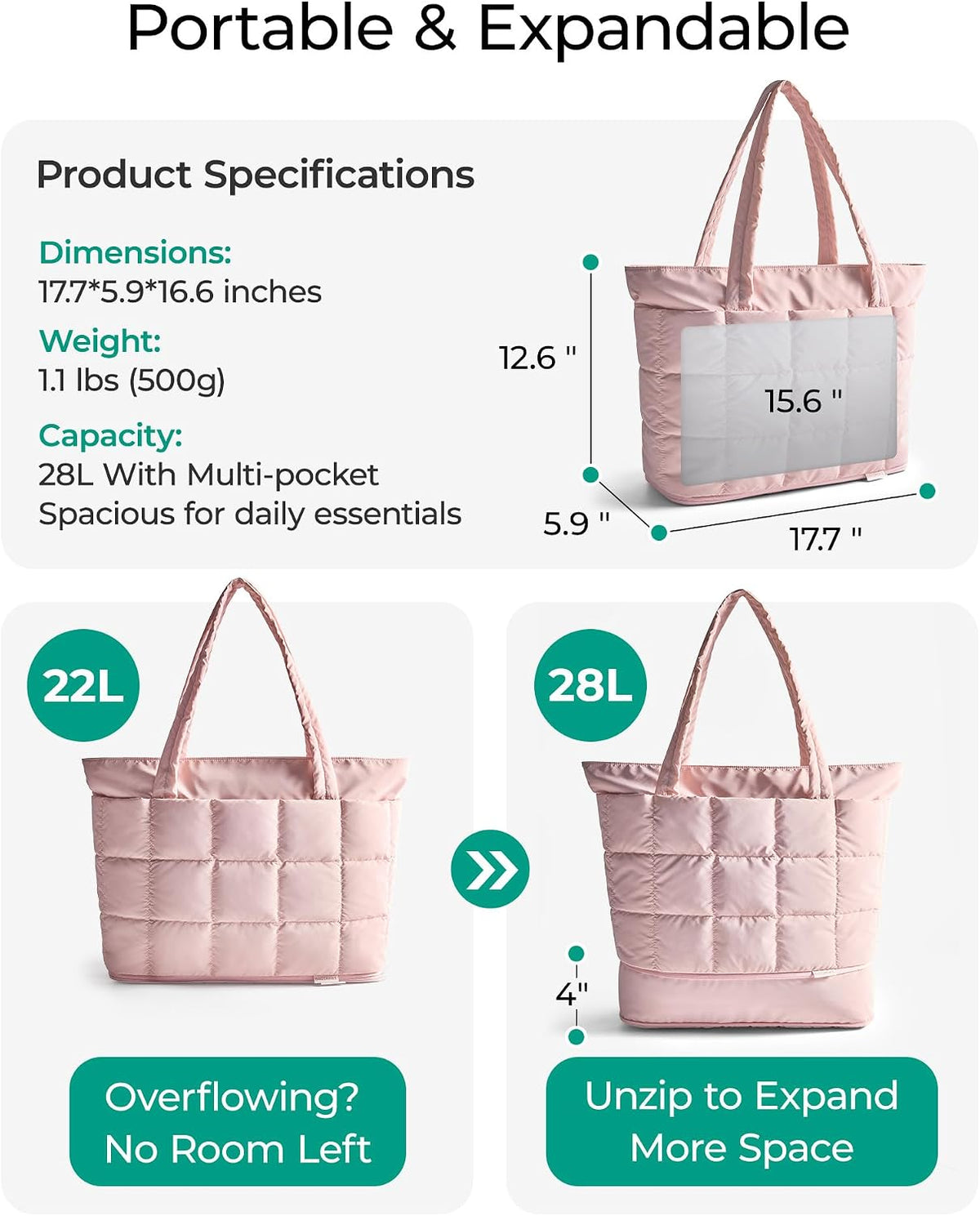 Expandable Tote Bag for Women, Puffer Work Tote Travel Bag