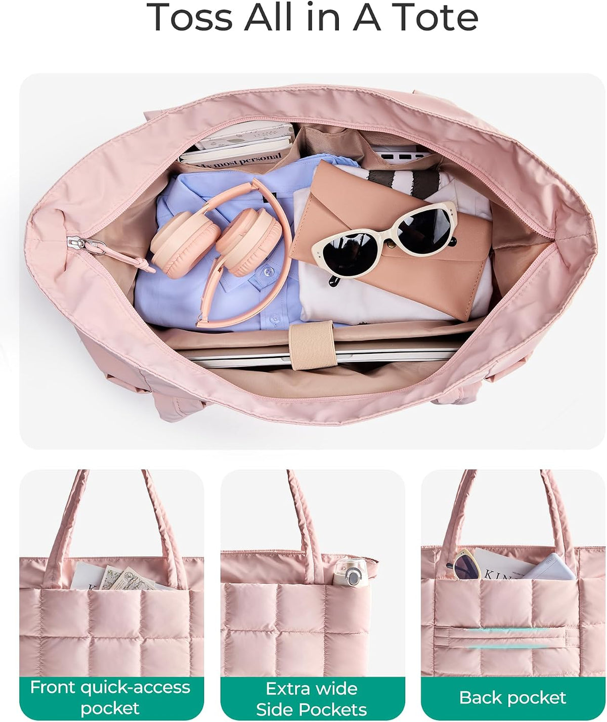 Expandable Tote Bag for Women, Puffer Work Tote Travel Bag