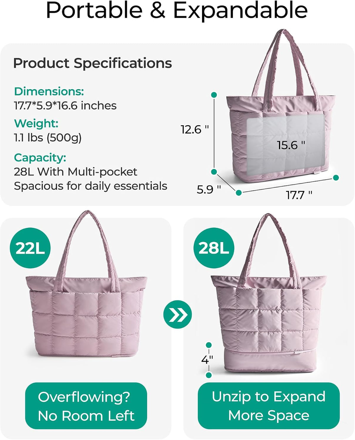 Expandable Tote Bag for Women, Puffer Work Tote Travel Bag