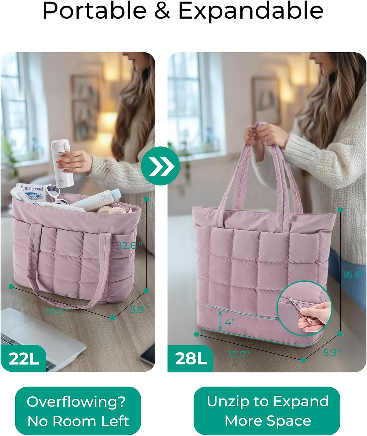 Expandable Tote Bag for Women, Puffer Work Tote Travel Bag