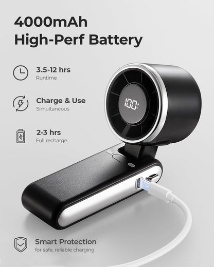 Portable Handheld Turbo Fan - 5 Gear High Speed 4000mAh Rechargeable Mini Personal Hand Fan Blow Cold Air, Battery Operated Travel Essentials, Beach Vacation, Gifts for Women, Men (Black)