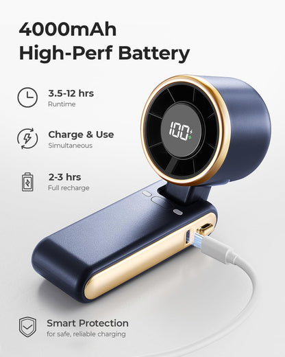 Portable Handheld Turbo Fan - 5 Gear High Speed 4000mAh Rechargeable Mini Personal Hand Fan Blow Cold Air, Battery Operated Travel Essentials, Beach Vacation, Gifts for Women, Men (Black)