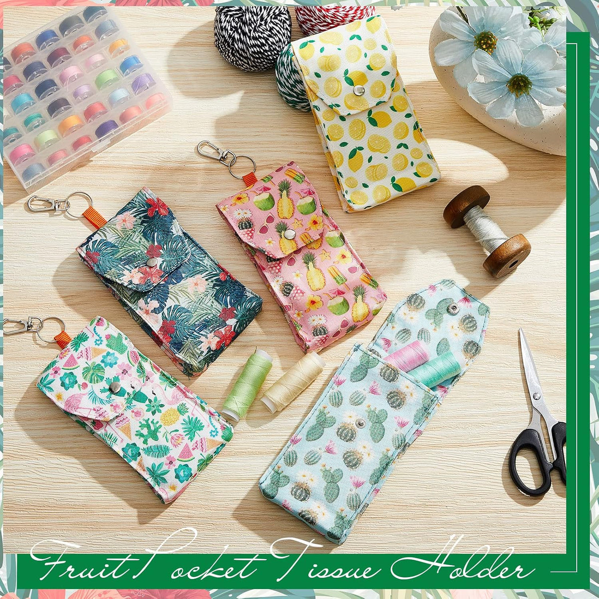 5 Pieces Tissue Pouch with Zipper Clip, Fabric Holder, Fresh Style