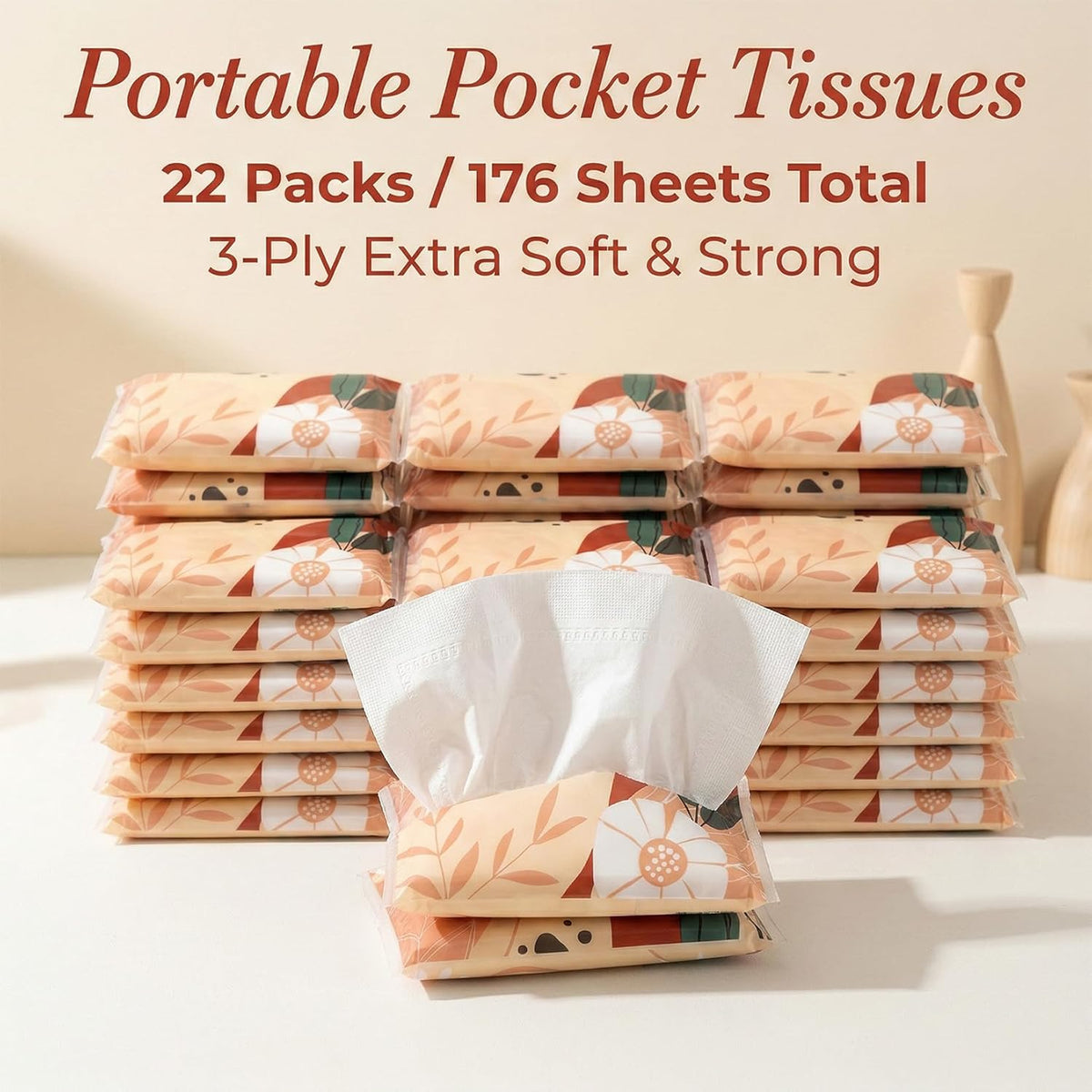 22 Packs Travel Tissues - 3-Ply Pocket Tissue Travel Size Packs