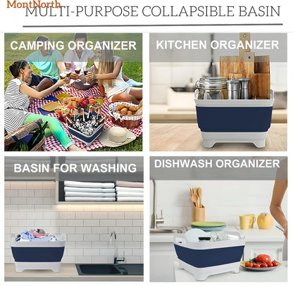 Collapsible Wash Basin 9L, Foldable Dish Tub with Drain Plug, Portable Collapsible Dish Basin, Camping Sink for Washing Dishes, Laundry & Kitchen Use,Gray
