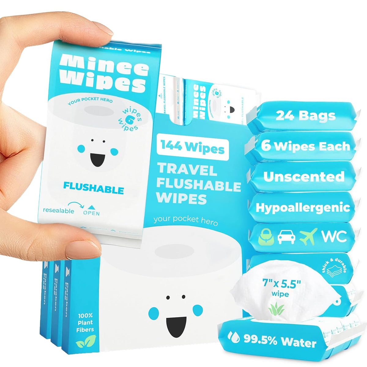 Impossibly Compact Travel Flushable Wipes - 99.5% Water and Aloe - Safe for Sensitive Skin & Hypoallergenic - Travel Essentials for Adults & Kids, Unscented, 8 Pack 48 Wipes