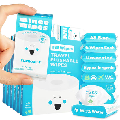 Impossibly Compact Travel Flushable Wipes - 99.5% Water and Aloe - Safe for Sensitive Skin & Hypoallergenic - Travel Essentials for Adults & Kids, Unscented, 8 Pack 48 Wipes