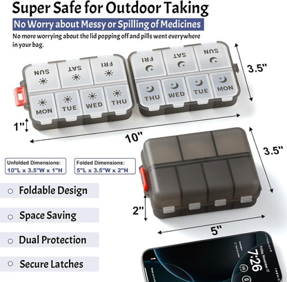 Compact & Foldable Weekly Pill Organizer 2 Time a Day, 7-Day AM PM Pill Box