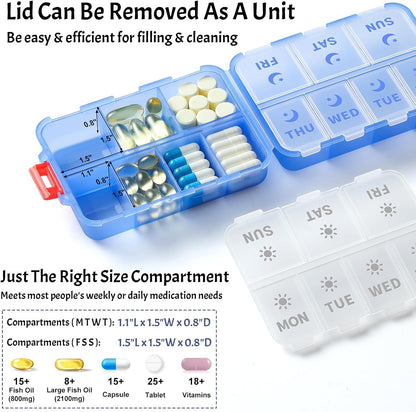 Compact & Foldable Weekly Pill Organizer 2 Time a Day, 7-Day AM PM Pill Box