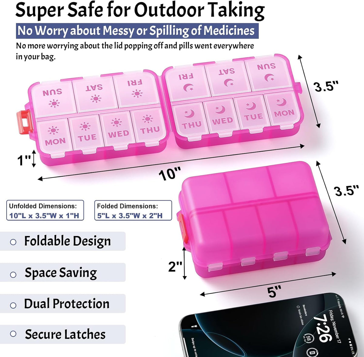 Compact & Foldable Weekly Pill Organizer 2 Time a Day, 7-Day AM PM Pill Box