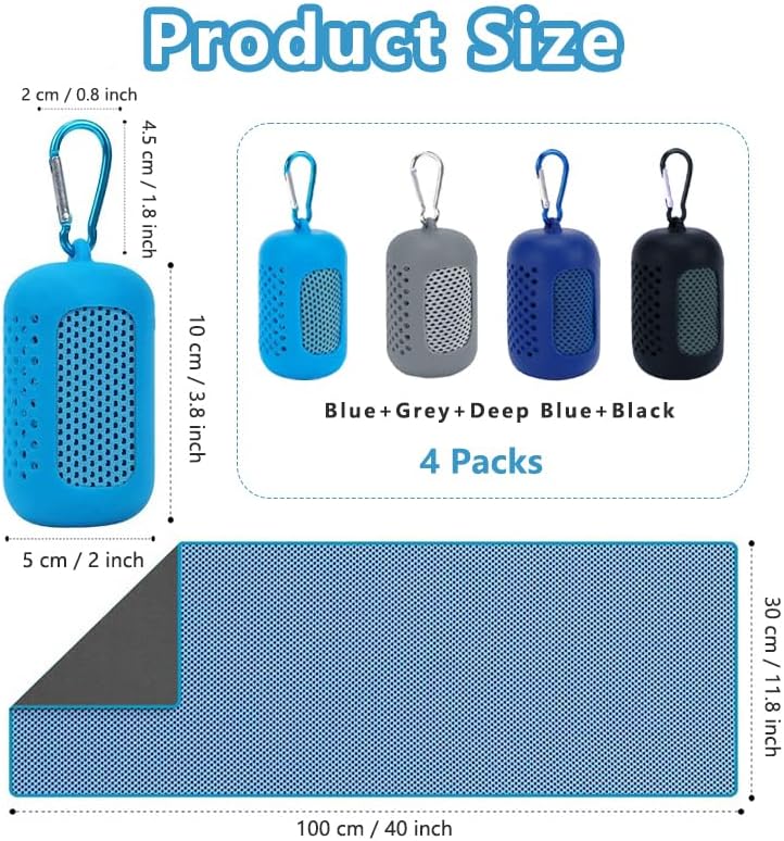 4 Pack Cooling Towels (40"x12"), Microfiber Chilly Towels Soft Breathable Gym Ice Towel for Workout, Yoga, Sport, Silicone Set Travel Sweat Towels Fast Drying Lightweight Cooling Neck Wraps